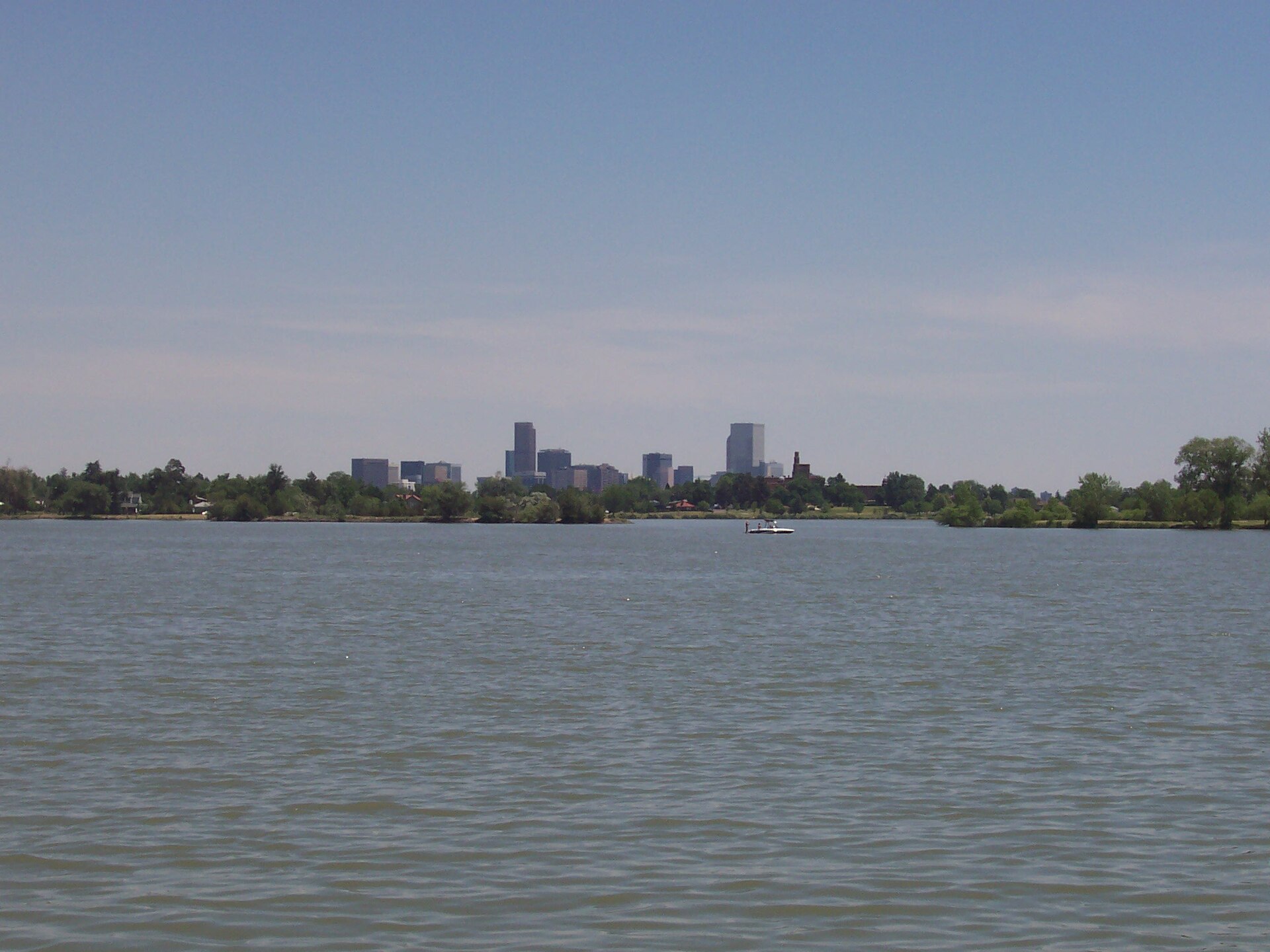 Sloan's Lake with the Denver skyline beyond the water